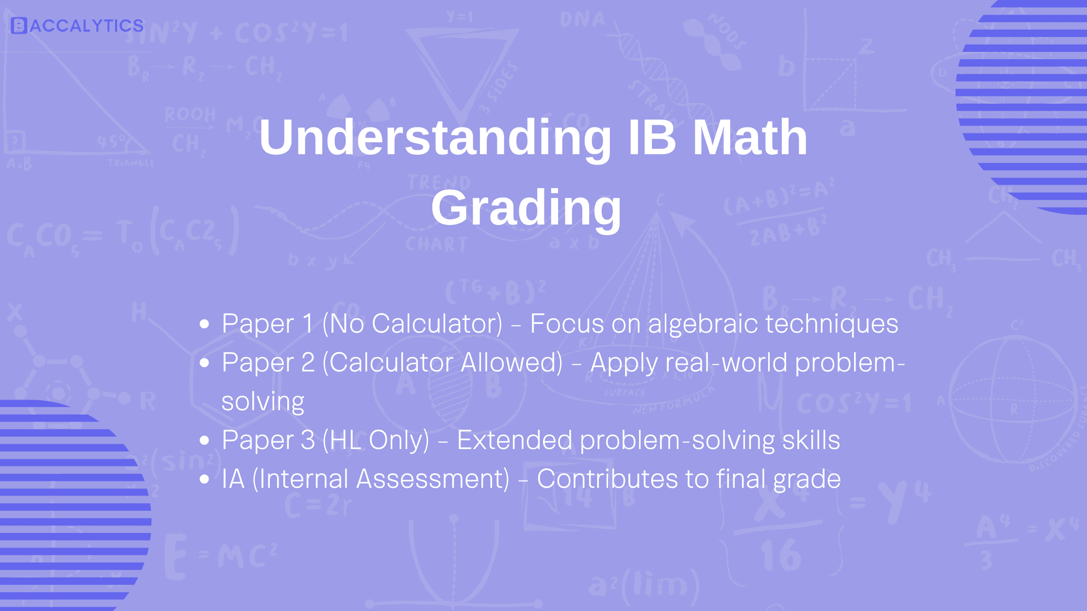 Understanding IB Math Grading Paper 1 (No Calculator) – Focus on algebraic techniques Paper 2 (Calculator Allowed) – Apply real-world problem-solving Paper 3 (HL Only) – Extended problem-solving skills IA (Internal Assessment) – Contributes to final grade